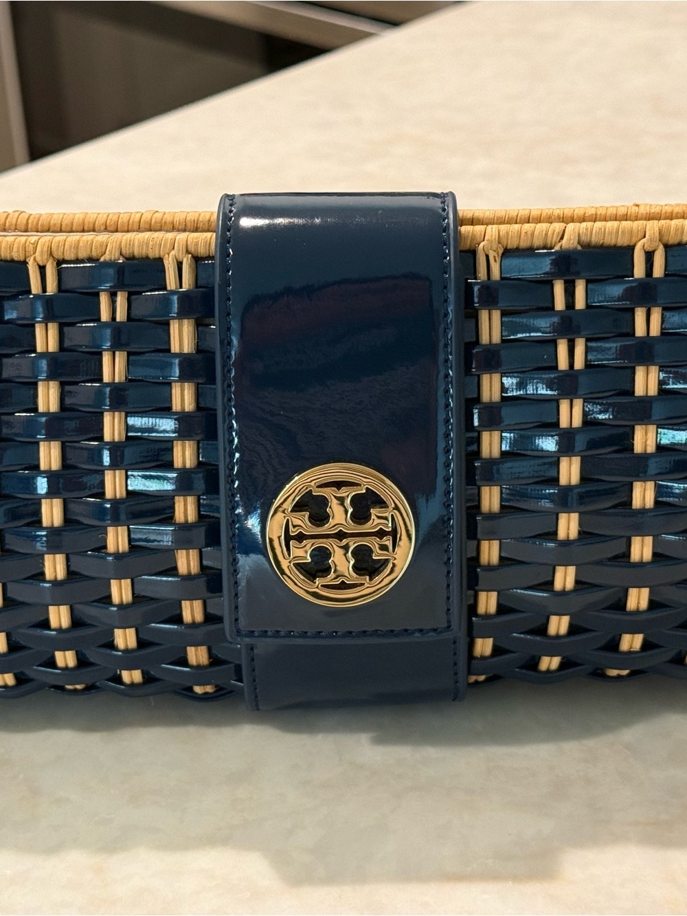 Tory Burch Navy Woven Straw Clutch with Gold Logo Accent
